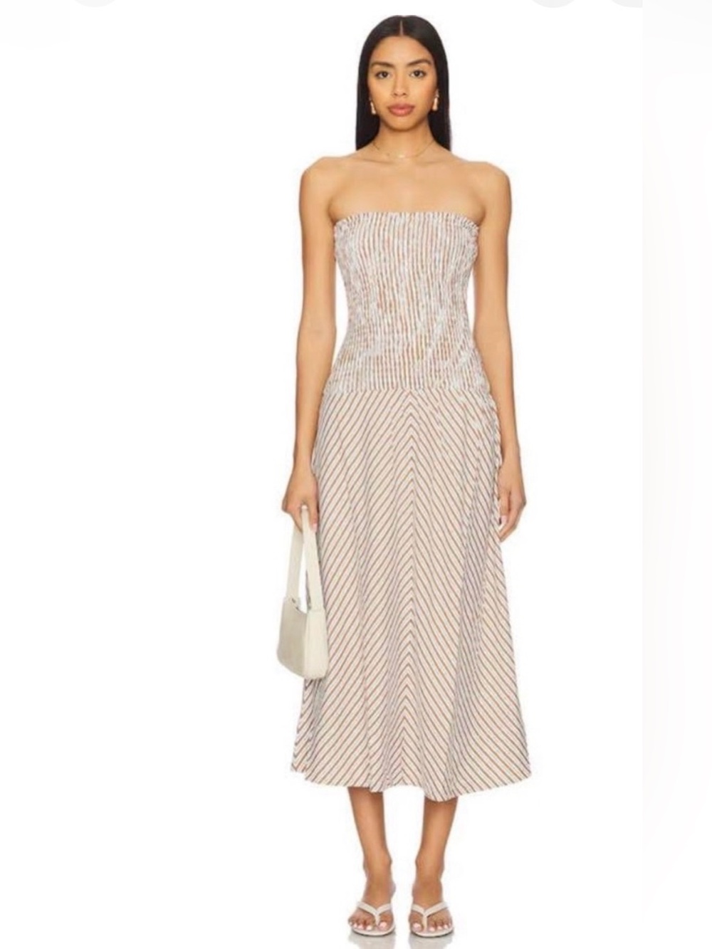 MINKPINK Strapless Smocked Midi Dress in Beige and Red